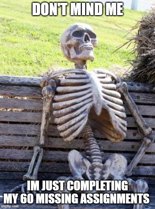 Waiting Skeleton | DON'T MIND ME; IM JUST COMPLETING MY 60 MISSING ASSIGNMENTS | image tagged in memes,waiting skeleton | made w/ Imgflip meme maker