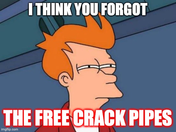 Futurama Fry Meme | I THINK YOU FORGOT THE FREE CRACK PIPES | image tagged in memes,futurama fry | made w/ Imgflip meme maker