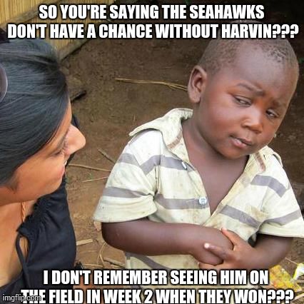 Third World Skeptical Kid Meme | SO YOU'RE SAYING THE SEAHAWKS DON'T HAVE A CHANCE WITHOUT HARVIN??? I DON'T REMEMBER SEEING HIM ON THE FIELD IN WEEK 2 WHEN THEY WON??? | image tagged in memes,third world skeptical kid | made w/ Imgflip meme maker