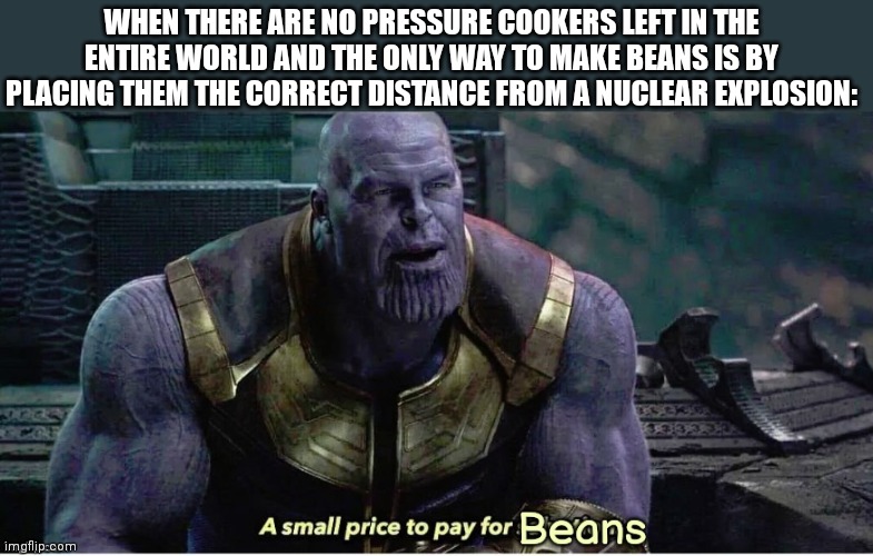 A small price... 2 | WHEN THERE ARE NO PRESSURE COOKERS LEFT IN THE ENTIRE WORLD AND THE ONLY WAY TO MAKE BEANS IS BY PLACING THEM THE CORRECT DISTANCE FROM A NUCLEAR EXPLOSION: | image tagged in beans,nuke,nukes,nuclear explosion,nuclear bomb,thanos what did it cost | made w/ Imgflip meme maker