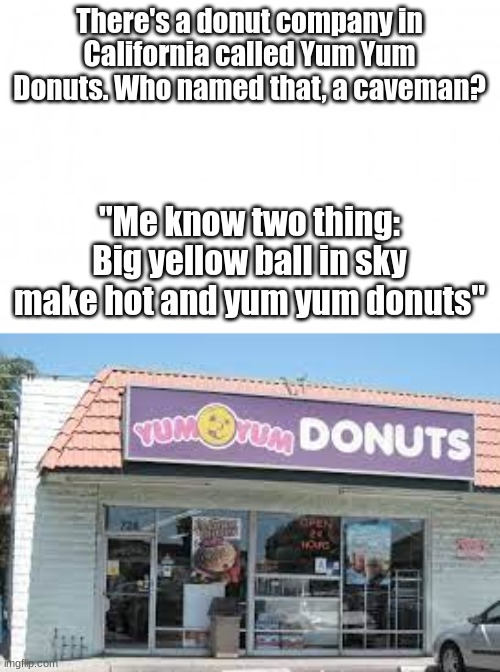 Like bruh | There's a donut company in California called Yum Yum Donuts. Who named that, a caveman? "Me know two thing: Big yellow ball in sky make hot and yum yum donuts" | image tagged in blank background | made w/ Imgflip meme maker