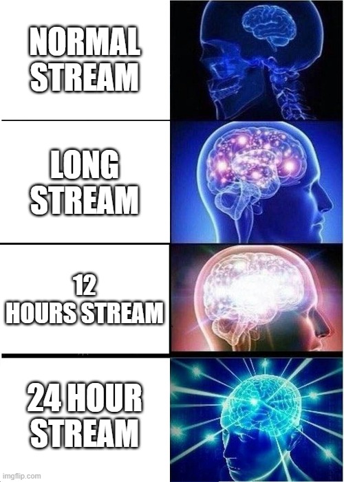 Twitch streams | NORMAL STREAM; LONG STREAM; 12 HOURS STREAM; 24 HOUR STREAM | image tagged in memes,expanding brain | made w/ Imgflip meme maker