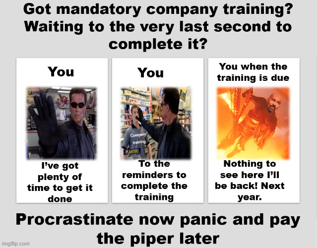 You've Got All The Time in The World | image tagged in training,training day,how to train your dragon,company training,terminator 2,terminator | made w/ Imgflip meme maker
