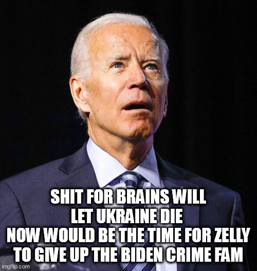 Joe Biden | SHIT FOR BRAINS WILL LET UKRAINE DIE 
NOW WOULD BE THE TIME FOR ZELLY TO GIVE UP THE BIDEN CRIME FAM | image tagged in joe biden | made w/ Imgflip meme maker