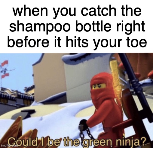 e | when you catch the shampoo bottle right before it hits your toe | image tagged in could i be the green ninja | made w/ Imgflip meme maker