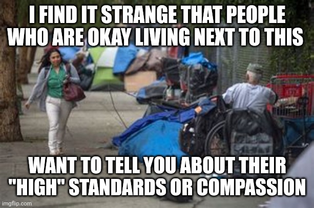 I FIND IT STRANGE THAT PEOPLE WHO ARE OKAY LIVING NEXT TO THIS WANT TO TELL YOU ABOUT THEIR "HIGH" STANDARDS OR COMPASSION | made w/ Imgflip meme maker
