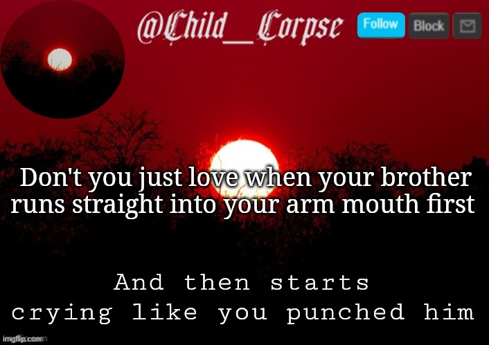 Dumb shit did it to himself and still cries like a bitch | Don't you just love when your brother runs straight into your arm mouth first; And then starts crying like you punched him | image tagged in child_corpse announcement template | made w/ Imgflip meme maker