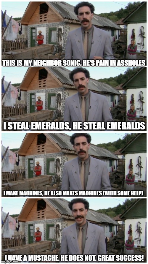 Sonic and Eggman | THIS IS MY NEIGHBOR SONIC, HE'S PAIN IN ASSHOLES; I STEAL EMERALDS, HE STEAL EMERALDS; I MAKE MACHINES, HE ALSO MAKES MACHINES (WITH SOME HELP); I HAVE A MUSTACHE, HE DOES NOT. GREAT SUCCESS! | image tagged in borat neighbour | made w/ Imgflip meme maker