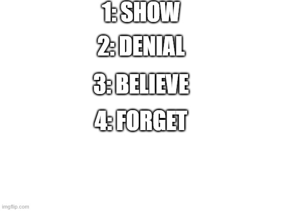 011001 | 1: SHOW; 2: DENIAL; 3: BELIEVE; 4: FORGET | image tagged in blank white template | made w/ Imgflip meme maker
