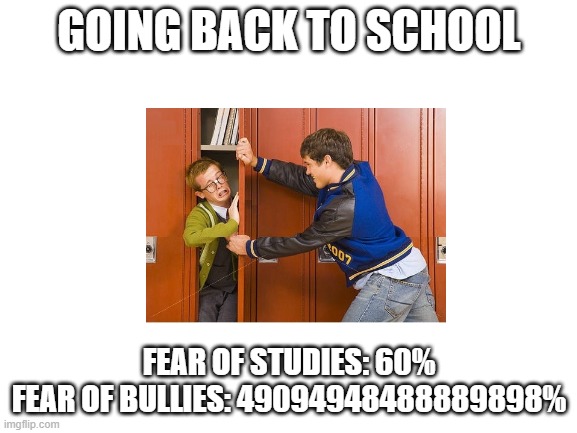 NO | GOING BACK TO SCHOOL; FEAR OF STUDIES: 60%
FEAR OF BULLIES: 49094948488889898% | image tagged in blank white template | made w/ Imgflip meme maker