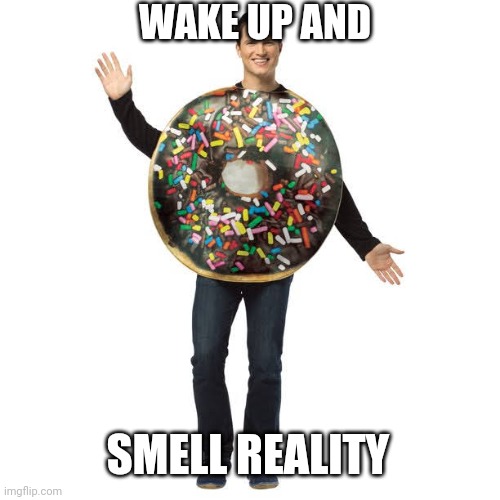 Meme for my friend group | WAKE UP AND; SMELL REALITY | image tagged in get real donut,donut | made w/ Imgflip meme maker