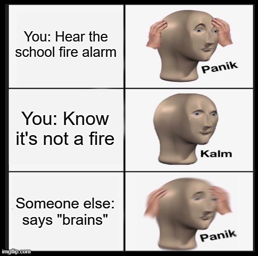 Fire alarm | You: Hear the school fire alarm; You: Know it's not a fire; Someone else: says "brains" | image tagged in school | made w/ Imgflip meme maker