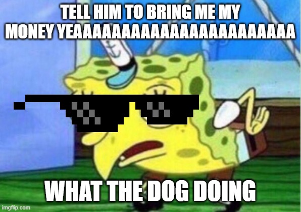 Mocking Spongebob | TELL HIM TO BRING ME MY MONEY YEAAAAAAAAAAAAAAAAAAAAAAA; WHAT THE DOG DOING | image tagged in memes,mocking spongebob | made w/ Imgflip meme maker