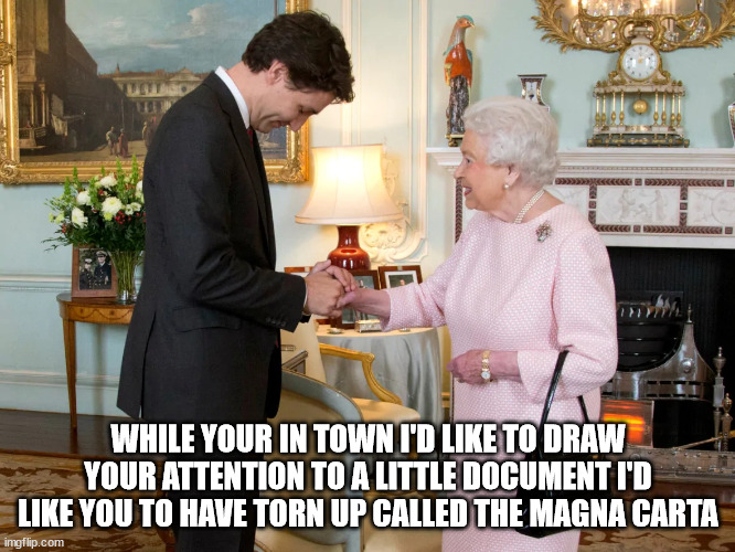A man called intrepid | WHILE YOUR IN TOWN I'D LIKE TO DRAW YOUR ATTENTION TO A LITTLE DOCUMENT I'D LIKE YOU TO HAVE TORN UP CALLED THE MAGNA CARTA | image tagged in justin trudeau,canada | made w/ Imgflip meme maker