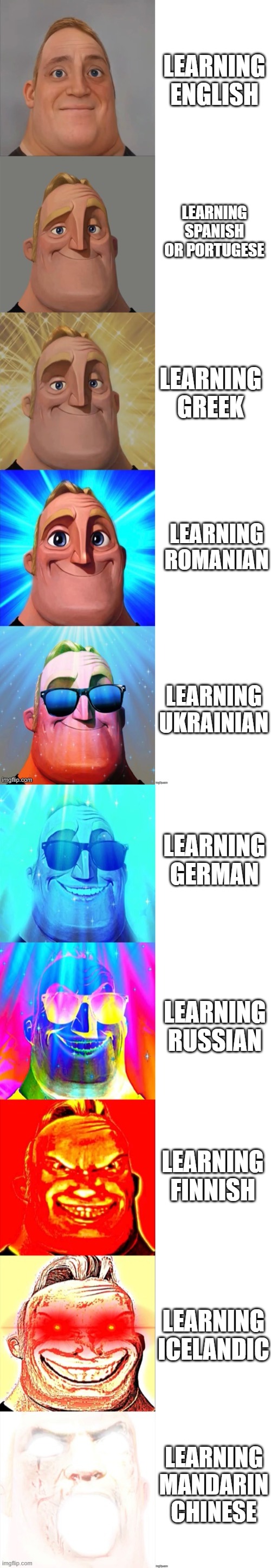 Learning different languages | LEARNING ENGLISH; LEARNING SPANISH OR PORTUGESE; LEARNING GREEK; LEARNING ROMANIAN; LEARNING UKRAINIAN; LEARNING GERMAN; LEARNING RUSSIAN; LEARNING FINNISH; LEARNING ICELANDIC; LEARNING MANDARIN CHINESE | image tagged in mr incredible becoming canny | made w/ Imgflip meme maker