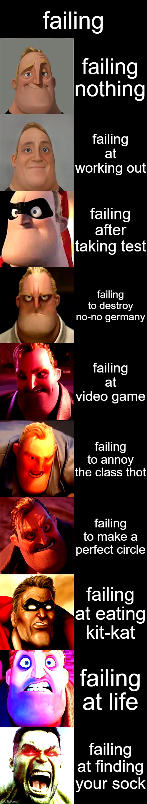 Failing - mr incredible becoming angry | failing; failing nothing; failing at working out; failing after taking test; failing to destroy no-no germany; failing at video game; failing to annoy the class thot; failing to make a perfect circle; failing at eating kit-kat; failing at life; failing at finding your sock | image tagged in mr incredible becoming angry | made w/ Imgflip meme maker
