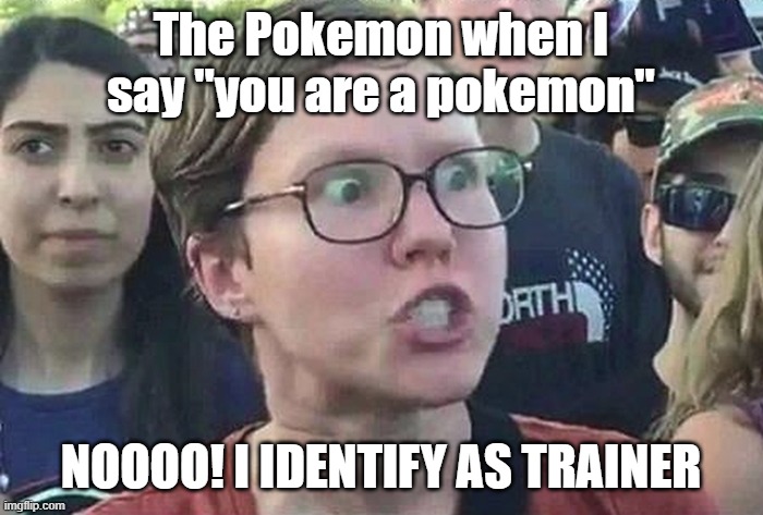 Triggered Liberal | The Pokemon when I say "you are a pokemon" NOOOO! I IDENTIFY AS TRAINER | image tagged in triggered liberal | made w/ Imgflip meme maker
