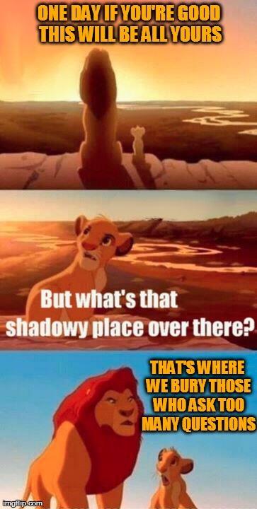 Simba Shadowy Place | ONE DAY IF YOU'RE GOOD THIS WILL BE ALL YOURS THAT'S WHERE WE BURY THOSE WHO ASK TOO MANY QUESTIONS | image tagged in memes,simba shadowy place | made w/ Imgflip meme maker