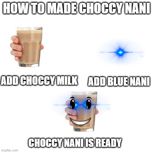 Choccy nani (blue) | HOW TO MADE CHOCCY NANI; ADD CHOCCY MILK; ADD BLUE NANI; CHOCCY NANI IS READY | image tagged in memes,blank transparent square | made w/ Imgflip meme maker