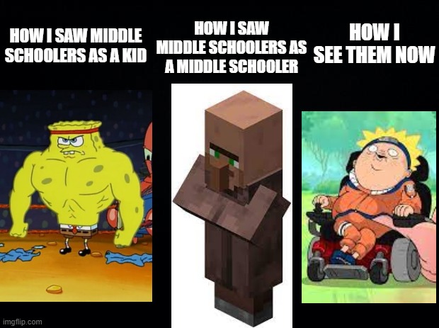 It's True | HOW I SAW MIDDLE SCHOOLERS AS A MIDDLE SCHOOLER; HOW I SEE THEM NOW; HOW I SAW MIDDLE SCHOOLERS AS A KID | image tagged in black background,funny,dark humor,special kind of stupid,dumbass,truth | made w/ Imgflip meme maker