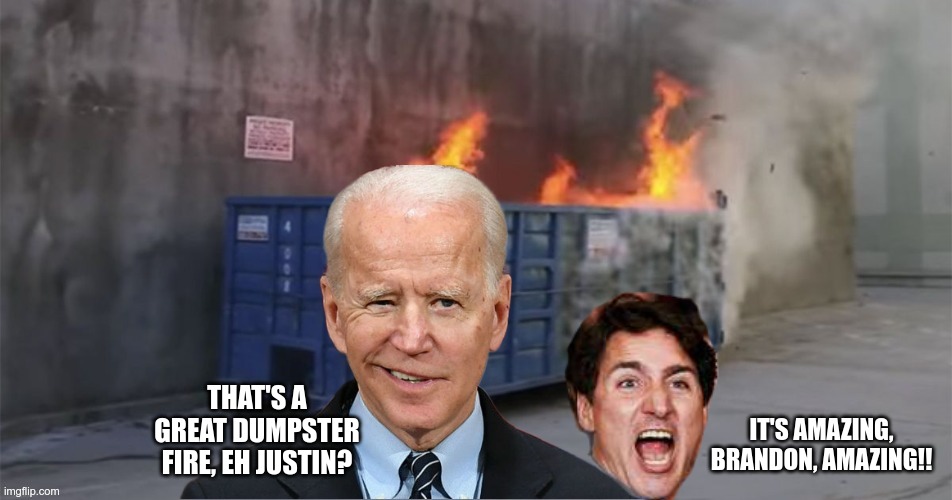 I Did It! | IT'S AMAZING, BRANDON, AMAZING!! THAT'S A GREAT DUMPSTER FIRE, EH JUSTIN? | image tagged in trudeau,biden,clown show | made w/ Imgflip meme maker