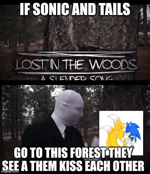 Slender hang a picture of tails x sonic |  IF SONIC AND TAILS; GO TO THIS FOREST THEY SEE A THEM KISS EACH OTHER | image tagged in slender man hang a page on a tree,tails the fox,x,sonic meme,memes,slenderman | made w/ Imgflip meme maker