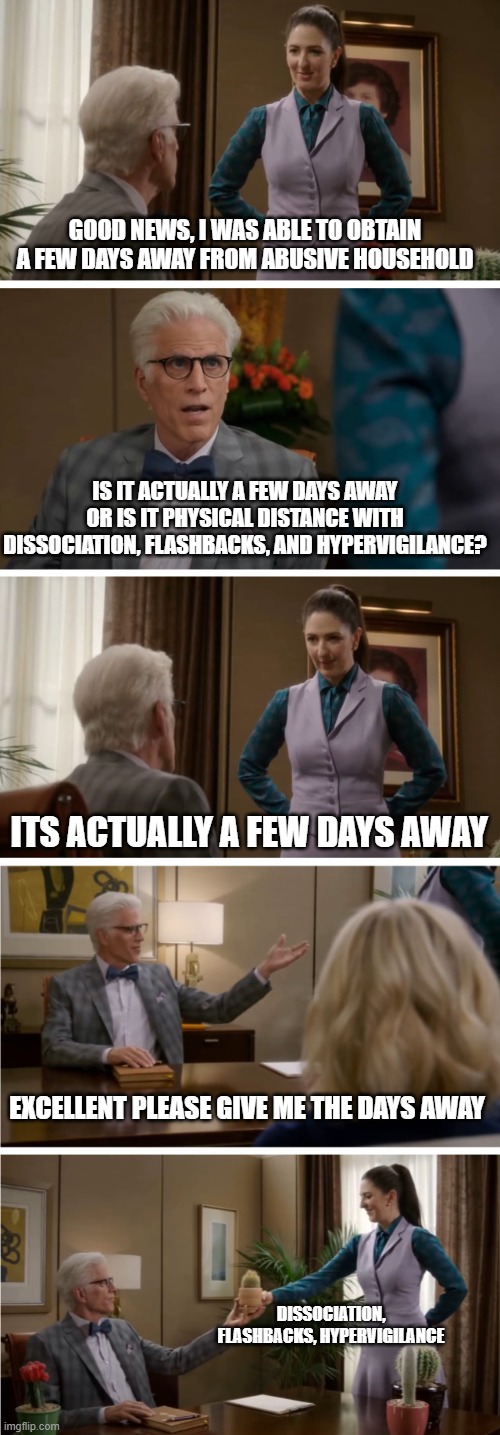 Good Place Cactus Template | GOOD NEWS, I WAS ABLE TO OBTAIN A FEW DAYS AWAY FROM ABUSIVE HOUSEHOLD; IS IT ACTUALLY A FEW DAYS AWAY OR IS IT PHYSICAL DISTANCE WITH DISSOCIATION, FLASHBACKS, AND HYPERVIGILANCE? ITS ACTUALLY A FEW DAYS AWAY; EXCELLENT PLEASE GIVE ME THE DAYS AWAY; DISSOCIATION, FLASHBACKS, HYPERVIGILANCE | image tagged in good place cactus template,CPTSDmemes | made w/ Imgflip meme maker