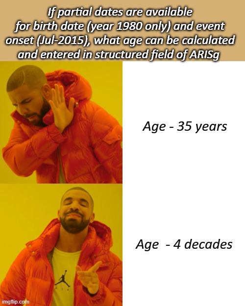 Drake Hotline Bling Meme | If partial dates are available for birth date (year 1980 only) and event onset (Jul-2015), what age can be calculated and entered in structured field of ARISg; Age - 35 years; Age  - 4 decades | image tagged in memes,drake hotline bling | made w/ Imgflip meme maker