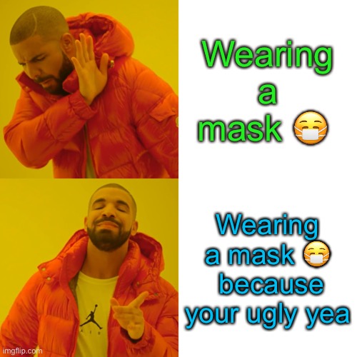 Drake Hotline Bling Meme | Wearing a mask 😷; Wearing a mask 😷  because your ugly yea | image tagged in memes,drake hotline bling | made w/ Imgflip meme maker
