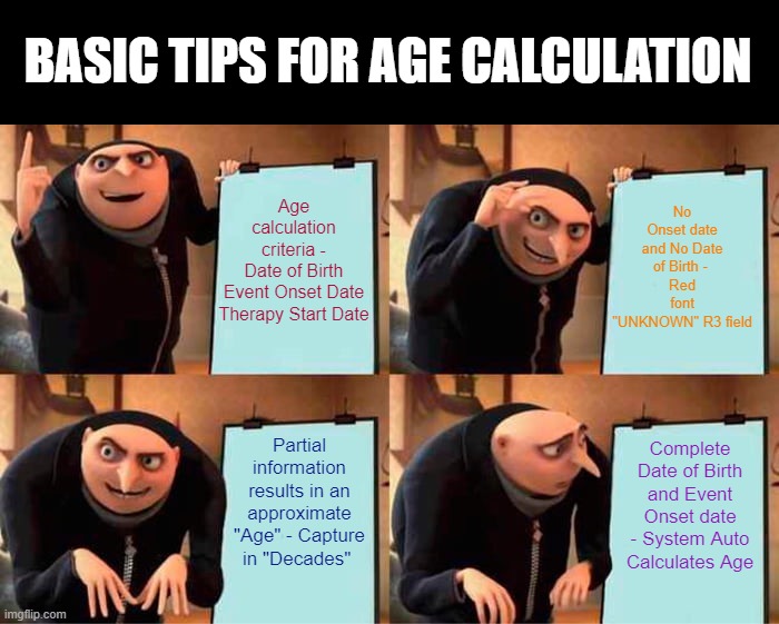 Gru's Plan Meme | BASIC TIPS FOR AGE CALCULATION; No Onset date and No Date of Birth - 
Red font "UNKNOWN" R3 field; Age calculation criteria -
Date of Birth

Event Onset Date
Therapy Start Date; Partial information results in an approximate "Age" - Capture in "Decades"; Complete Date of Birth and Event Onset date - System Auto Calculates Age | image tagged in memes,gru's plan | made w/ Imgflip meme maker