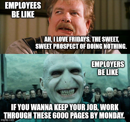 Fridays be like | EMPLOYEES BE LIKE; AH, I LOVE FRIDAYS. THE SWEET, SWEET PROSPECT OF DOING NOTHING. EMPLOYERS BE LIKE; IF YOU WANNA KEEP YOUR JOB, WORK THROUGH THESE 6000 PAGES BY MONDAY. | image tagged in dursley,savage harry potter joke | made w/ Imgflip meme maker