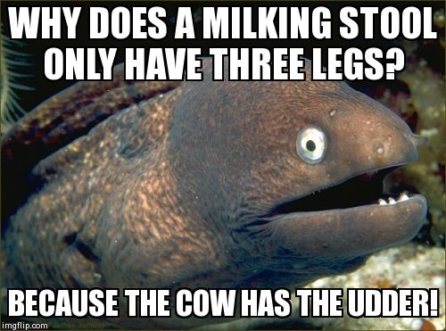 Bad Joke Eel Meme | WHY DOES A MILKING STOOL ONLY HAVE THREE LEGS? BECAUSE THE COW HAS THE UDDER! | image tagged in memes,bad joke eel,AdviceAnimals | made w/ Imgflip meme maker