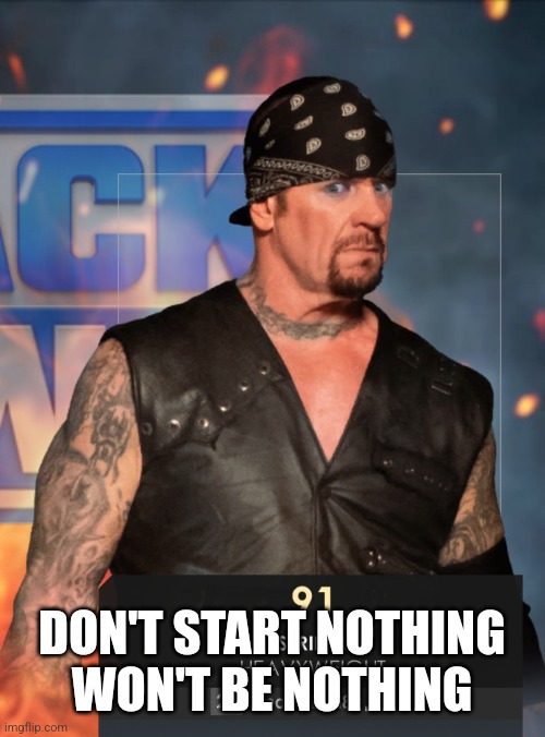 Undertaker | DON'T START NOTHING
WON'T BE NOTHING | image tagged in wwe,pro wrestling,funny,aew,undertaker | made w/ Imgflip meme maker