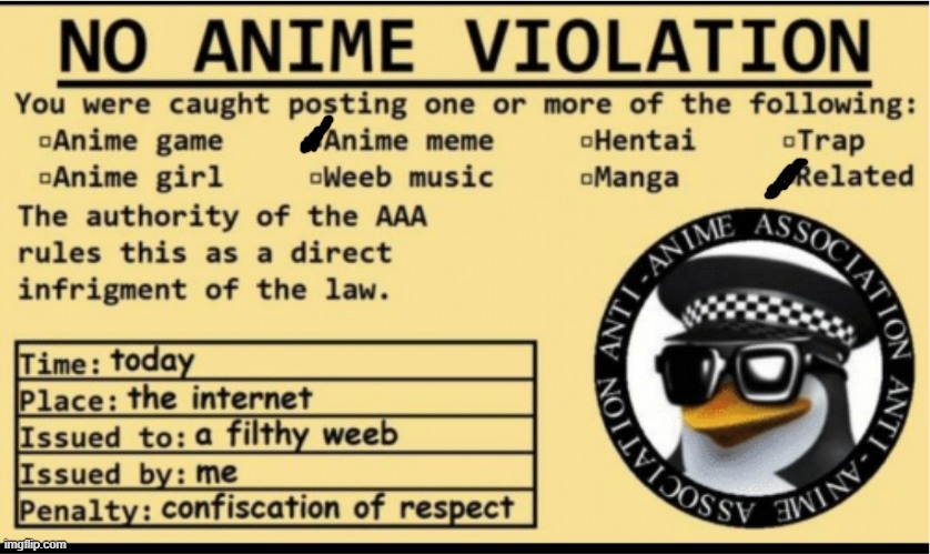 NO ANIME VIOLATION | image tagged in no anime violation | made w/ Imgflip meme maker