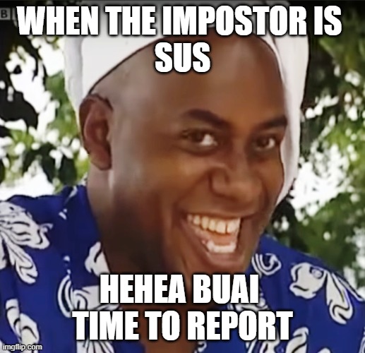 Hehe Boi | WHEN THE IMPOSTOR IS 
SUS; HEHEA BUAI 

TIME TO REPORT | image tagged in hehe boi | made w/ Imgflip meme maker