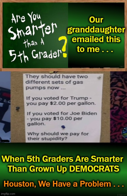 Even Kids Blame Biden & His Energy Policies for Setting Us Up for Failure; Dumb Dems Reject Reality in Favor of Their Agenda... | Our granddaughter emailed this to me . . . When 5th Graders Are Smarter 
Than Grown Up DEMOCRATS; Houston, We Have a Problem . . . | image tagged in politics,joe biden,failed policies,democrats,dumb and dumber,kids are smarter | made w/ Imgflip meme maker