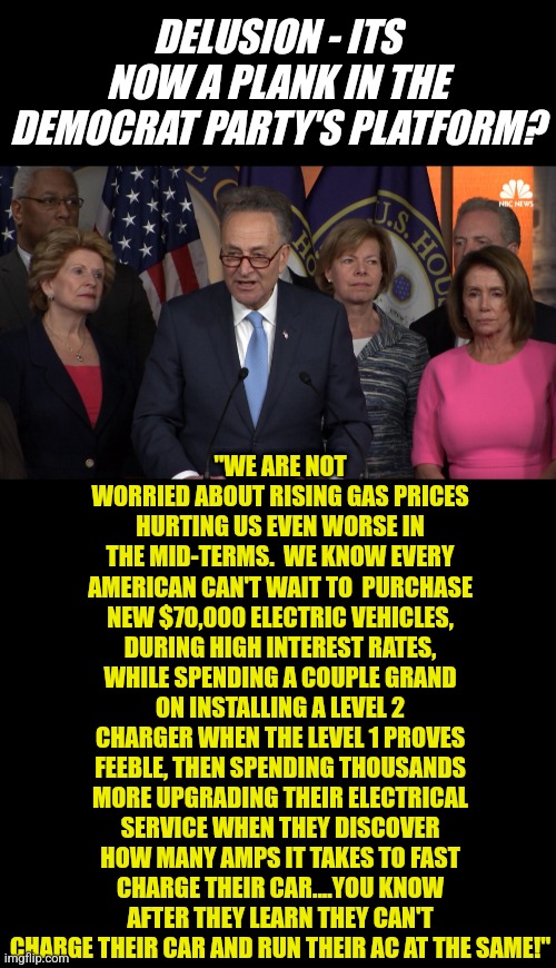 Liberals and delusions.....its like peanut butter and jelly | DELUSION - ITS NOW A PLANK IN THE DEMOCRAT PARTY'S PLATFORM? "WE ARE NOT WORRIED ABOUT RISING GAS PRICES HURTING US EVEN WORSE IN THE MID-TERMS.  WE KNOW EVERY AMERICAN CAN'T WAIT TO  PURCHASE NEW $70,000 ELECTRIC VEHICLES, DURING HIGH INTEREST RATES, WHILE SPENDING A COUPLE GRAND ON INSTALLING A LEVEL 2 CHARGER WHEN THE LEVEL 1 PROVES FEEBLE, THEN SPENDING THOUSANDS MORE UPGRADING THEIR ELECTRICAL SERVICE WHEN THEY DISCOVER HOW MANY AMPS IT TAKES TO FAST CHARGE THEIR CAR....YOU KNOW AFTER THEY LEARN THEY CAN'T CHARGE THEIR CAR AND RUN THEIR AC AT THE SAME!" | image tagged in democrat congressmen,delusional,liberal logic,expectation vs reality,media lies | made w/ Imgflip meme maker