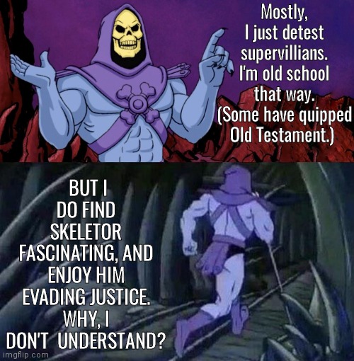 Fascinating Skeletor | Mostly, I just detest supervillians. I'm old school that way. (Some have quipped Old Testament.); BUT I DO FIND SKELETOR FASCINATING, AND ENJOY HIM EVADING JUSTICE. WHY, I DON'T  UNDERSTAND? | image tagged in he man skeleton advices | made w/ Imgflip meme maker