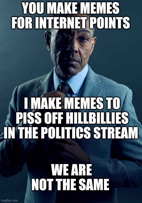 Gus Fring we are not the same | YOU MAKE MEMES FOR INTERNET POINTS; I MAKE MEMES TO PISS OFF HILLBILLIES IN THE POLITICS STREAM; WE ARE NOT THE SAME | image tagged in gus fring we are not the same | made w/ Imgflip meme maker