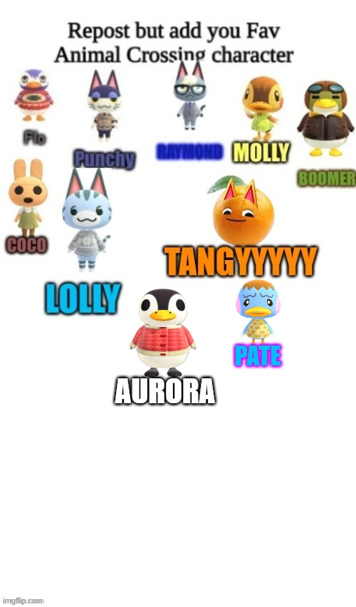I added Pate and Aurora. (This meme was reposted from the Animal Crossing stream, btw.) | PATE; AURORA | image tagged in repost,animal crossing | made w/ Imgflip meme maker