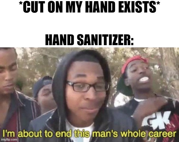 I’m about to end this man’s whole career | *CUT ON MY HAND EXISTS*; HAND SANITIZER: | image tagged in i m about to end this man s whole career | made w/ Imgflip meme maker