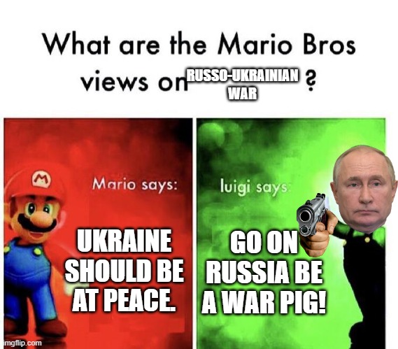 Luigi is Wrong, Don't trust Him! | RUSSO-UKRAINIAN WAR; UKRAINE SHOULD BE AT PEACE. GO ON RUSSIA BE A WAR PIG! | image tagged in mario bros views,ukrainian lives matter,ukraine,russia,putin | made w/ Imgflip meme maker