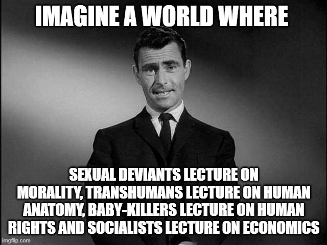 rod serling twilight zone | IMAGINE A WORLD WHERE; SEXUAL DEVIANTS LECTURE ON MORALITY, TRANSHUMANS LECTURE ON HUMAN ANATOMY, BABY-KILLERS LECTURE ON HUMAN RIGHTS AND SOCIALISTS LECTURE ON ECONOMICS | image tagged in rod serling twilight zone | made w/ Imgflip meme maker