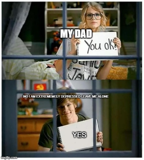 Taylor Swift You Ok | MY DAD; NO I AM EXTREMEMELY DEPRESSED LEAVE ME ALONE; YES | image tagged in taylor swift you ok | made w/ Imgflip meme maker