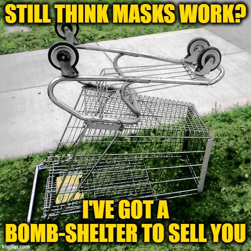 Just Trying to Make a Living Selling Shopping Carts | STILL THINK MASKS WORK? I'VE GOT A BOMB-SHELTER TO SELL YOU | image tagged in masks,pandemic | made w/ Imgflip meme maker