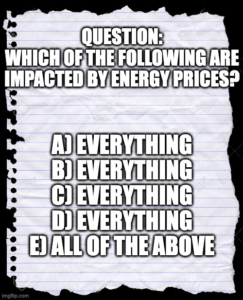 Evergy Prices | QUESTION:
WHICH OF THE FOLLOWING ARE IMPACTED BY ENERGY PRICES? A) EVERYTHING
B) EVERYTHING
C) EVERYTHING
D) EVERYTHING
E) ALL OF THE ABOVE | image tagged in old notebook paper | made w/ Imgflip meme maker