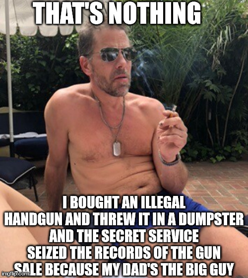 THAT'S NOTHING I BOUGHT AN ILLEGAL HANDGUN AND THREW IT IN A DUMPSTER AND THE SECRET SERVICE SEIZED THE RECORDS OF THE GUN SALE BECAUSE MY D | made w/ Imgflip meme maker
