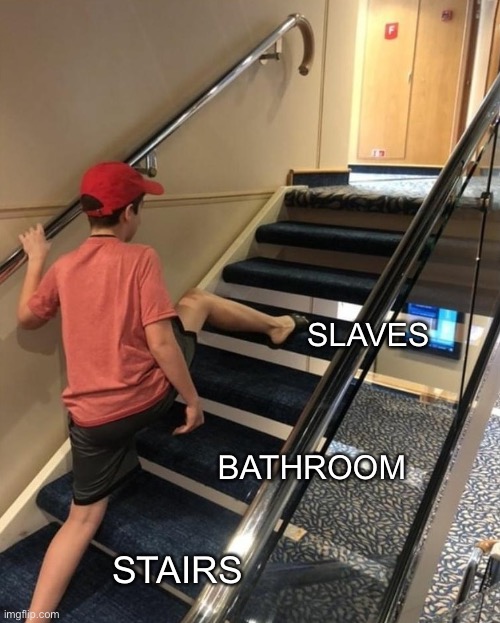 skipping stairs | SLAVES; BATHROOM; STAIRS | image tagged in skipping stairs | made w/ Imgflip meme maker