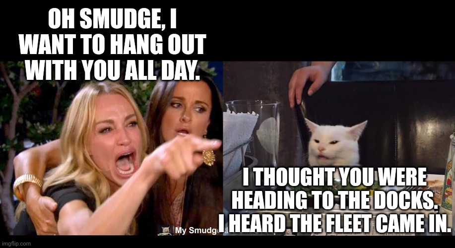 OH SMUDGE, I WANT TO HANG OUT WITH YOU ALL DAY. I THOUGHT YOU WERE HEADING TO THE DOCKS. I HEARD THE FLEET CAME IN. | image tagged in smudge the cat | made w/ Imgflip meme maker