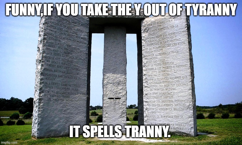 hmm | FUNNY,IF YOU TAKE THE Y OUT OF TYRANNY; IT SPELLS TRANNY. | image tagged in georgia guidestones | made w/ Imgflip meme maker